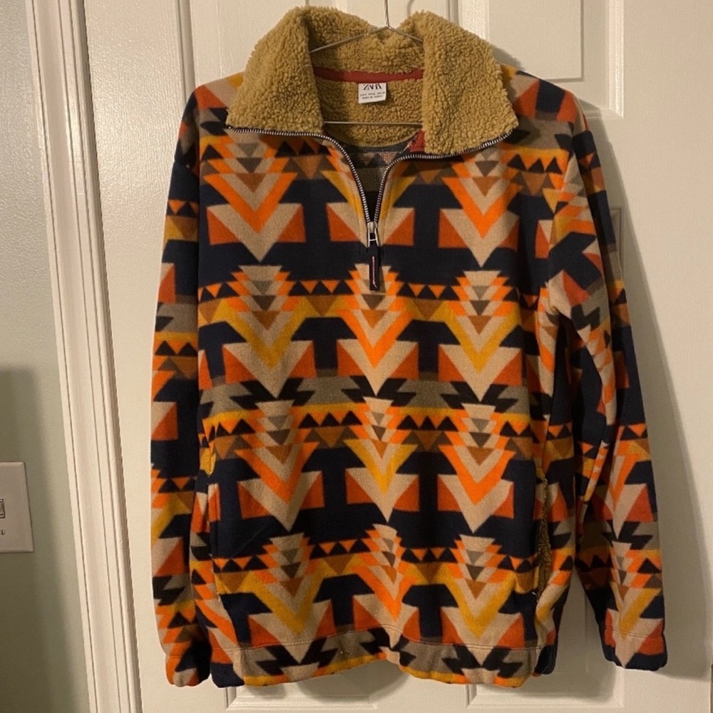 Zara Men Fleece Sherpa Geometric Print Orange Pullover XL